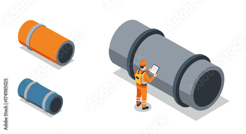 Worker inspecting large industrial pipeline with tablet in isometric style