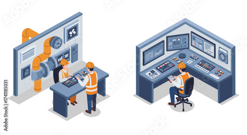 Industrial control room isometric design with engineers and hightech equipment