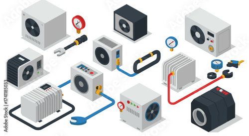 Isometric hvac system components and tools collection for maintenance