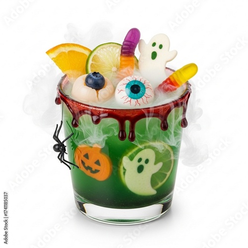 A spooky green Halloween cocktail decorated with candy eyeballs, gummy worms, ghosts, and a spider, dripping with red syrup on a white background