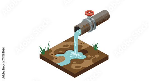 Isometric industrial pipe pouring water on soil patch with grass elements