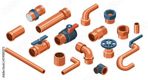 Isometric plumbing components collection featuring copper pipes and fittings
