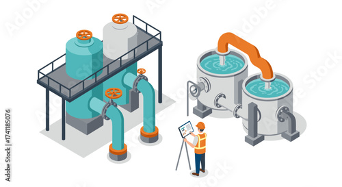 Isometric water treatment facility with engineer and filtration tanks