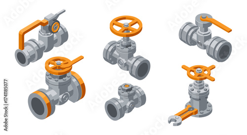 Isometric industrial pipe valves set with wrench in various angles and designs