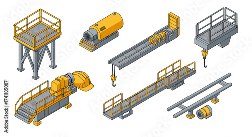 Industrial construction elements set with steel structures and machinery in isometric style
