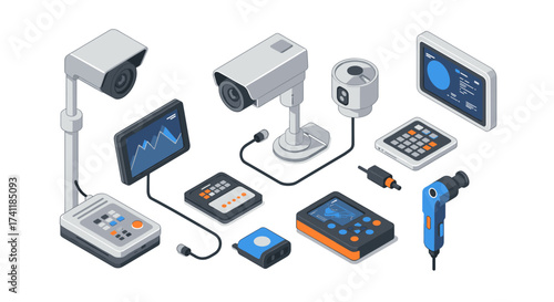 Modern surveillance and electronic devices in isometric style for security and monitoring