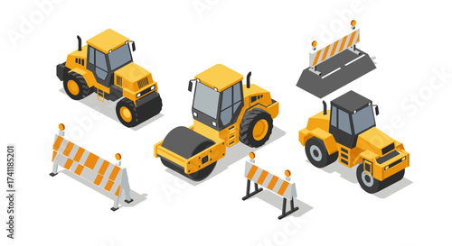 Construction vehicles and barriers set in isometric style for urban planning and building projects