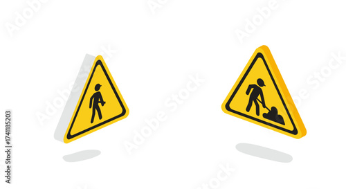 3d construction and pedestrian warning signs with shadows