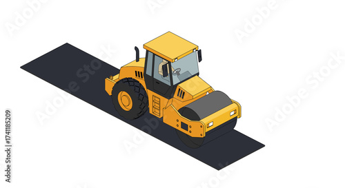 Isometric road roller on asphalt surface in industrial construction scene