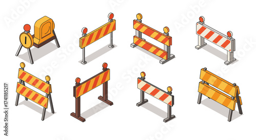 Isometric construction barriers set with orange and yellow stripes