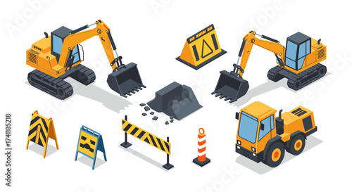 Isometric construction equipment and barriers set for urban development projects