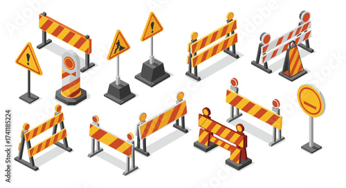 Isometric road construction barriers and signs collection for traffic safety design