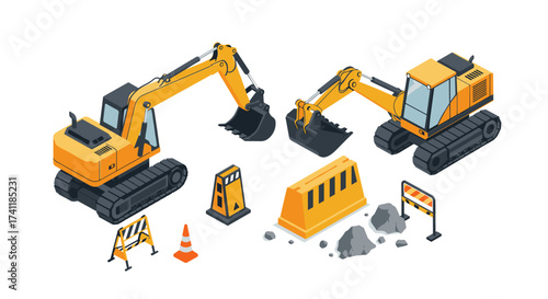 Construction equipment set detailed isometric excavators and safety barriers illustration