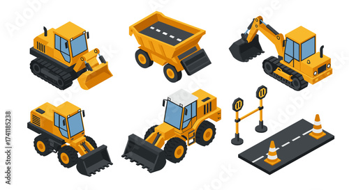 Isometric construction vehicles and equipment set for worksite design
