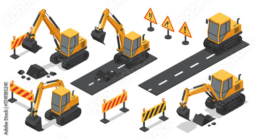 Isometric construction equipment and roadwork scene with safety signs