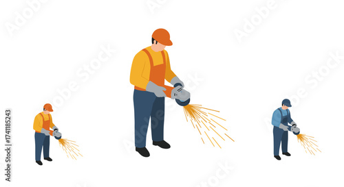 Isometric workers grinding metal with sparks on white background
