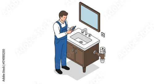 Isometric plumber fixing bathroom sink with tools and mirror set