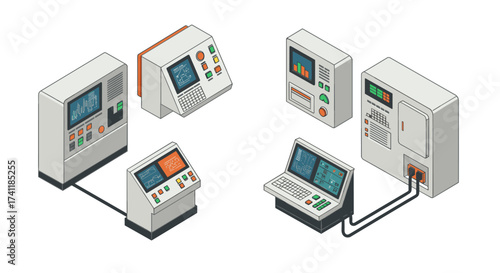 Isometric control panels with digital display screens for data analysis