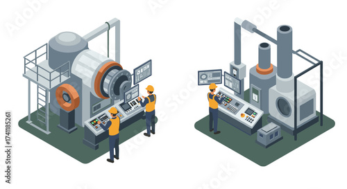 Isometric industrial machines with engineers in safety gear operating control panels