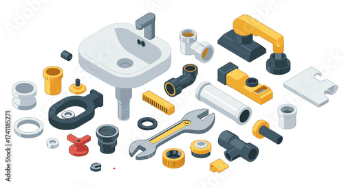 Isometric plumbing tools set with sink and accessories in bold colors