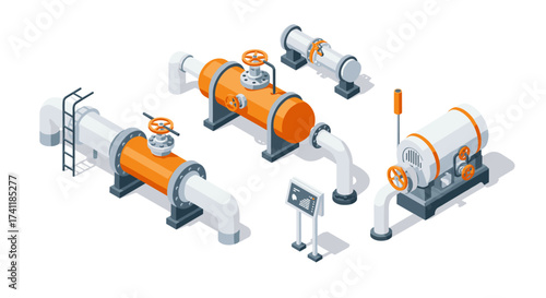 Industrial pipeline system with valves and pressure gauges in isometric style