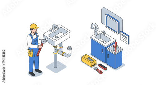 Plumber repairing kitchen sink with tools in modern isometric design
