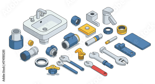 Plumbing tools and fixtures isometric composition for modern bathroom projects