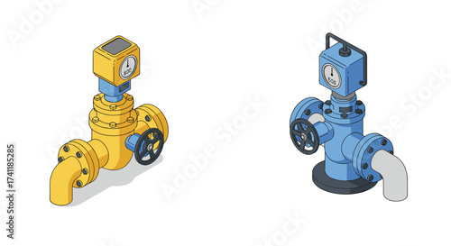 Isometric industrial pipe valves with gauges in colorful design