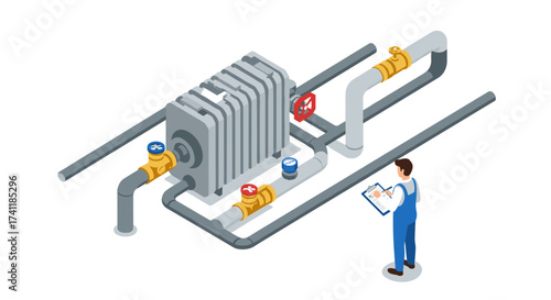 Industrial pipeline system with engineer inspecting the heat exchanger in isometric view