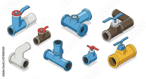 Isometric plumbing pipes and valves set in various colors and designs