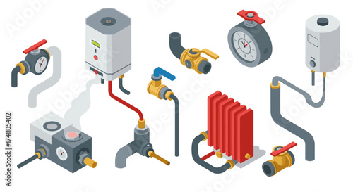 Isometric heating system components pipes, valves, thermostat, radiator, boiler