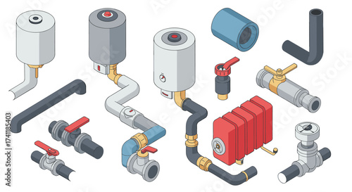 Isometric plumbing components with modern pipes and valves