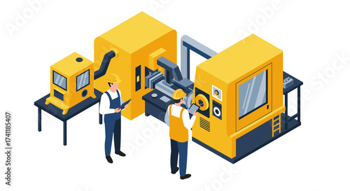 Modern industrial automation equipment in isometric style with factory workers