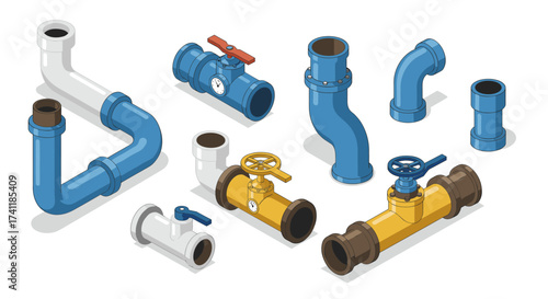Detailed isometric plumbing pipes and valves set with industrial plumbing components