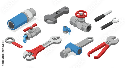 Isometric plumbing tools set with wrenches and valves in 3d style