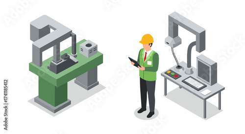 Isometric industrial automation engineer operating cnc machine in factory setting