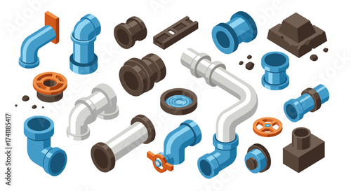 Comprehensive isometric plumbing pipe set featuring connectors and valves on white background
