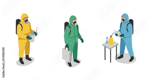 Professionals in hazmat suits conducting chemical safety procedures