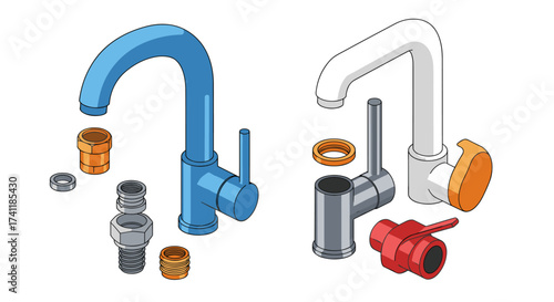 Isometric kitchen faucet components in blue and white