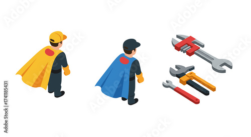 Isometric repair professionals with tools in capes creative concept of superhero workers