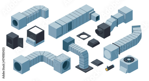 Isometric hvac ductwork elements and components collection