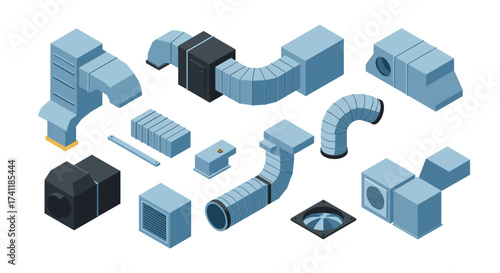 Isometric hvac duct components in blue tones for industrial design