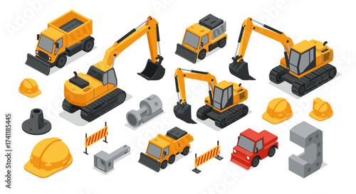 Isometric construction vehicles and tools set for modern building projects