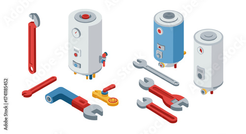 Isometric water heater components with tools for plumbing and repair