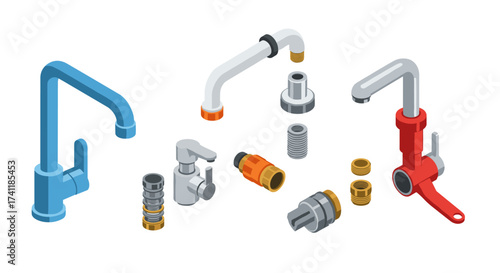 Isometric plumbing elements and fixtures set with faucets and connectors