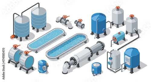 Isometric industrial water treatment plant with tanks and piping equipment