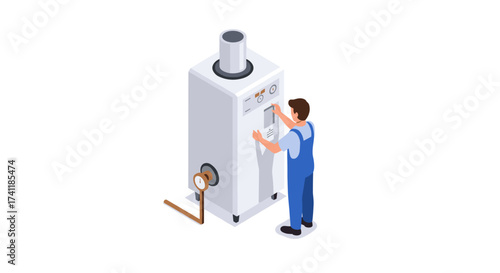 Technician adjusting industrial furnace controls in modern isometric design