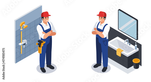 Isometric plumber services with modern bathroom interior and tools