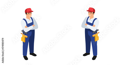 Isometric style repairmen standing confidently in overalls with tool belts