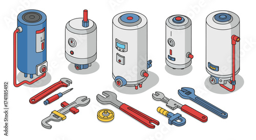 Isometric home appliances and tools set featuring modern boilers and plumbing equipment
